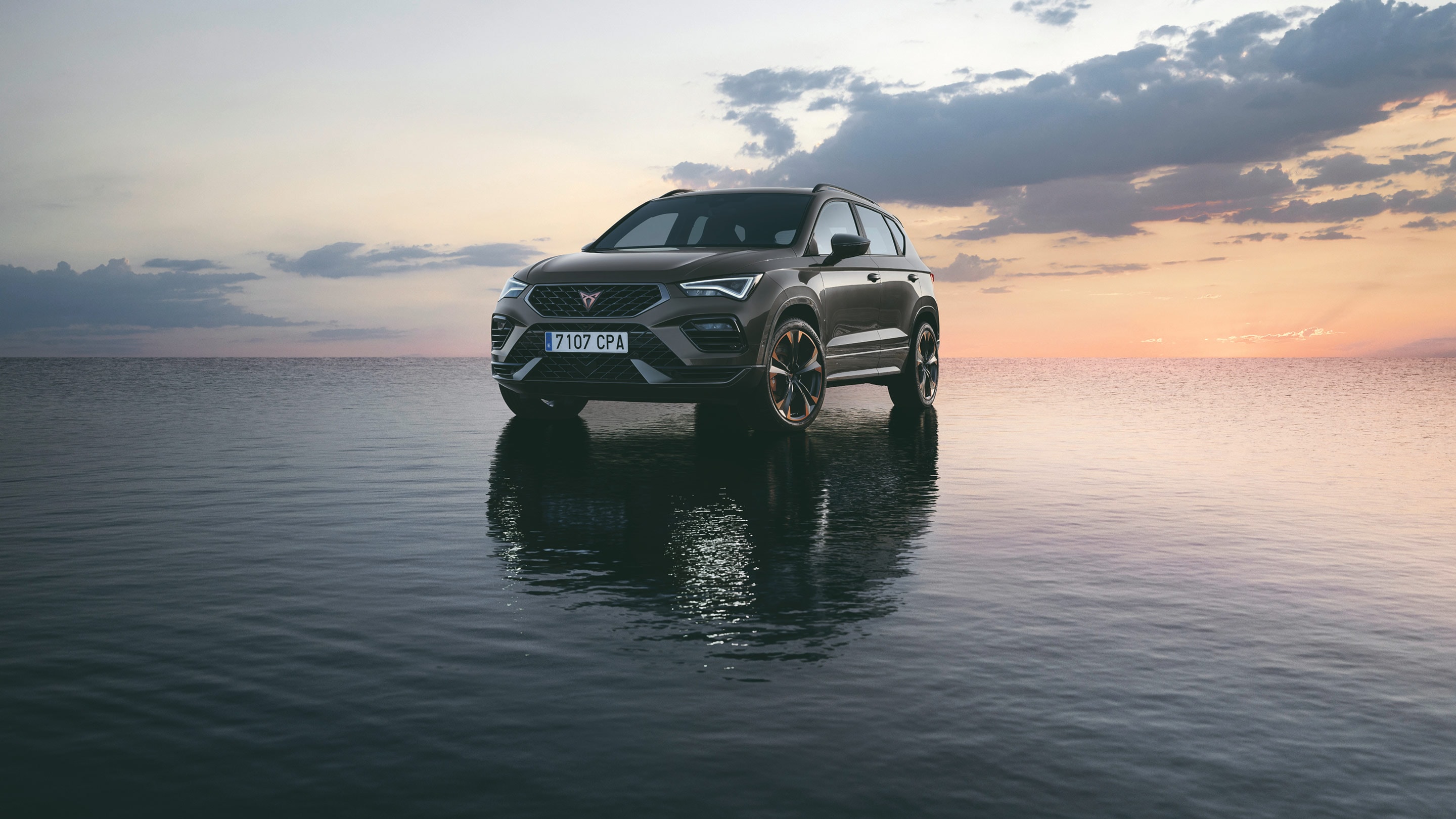 the new cupra terramar 2024 hybrid suv on a wet pavement by the sea, featuring sleek headlights, modern alloy wheels, and a shark-inspired front design.
