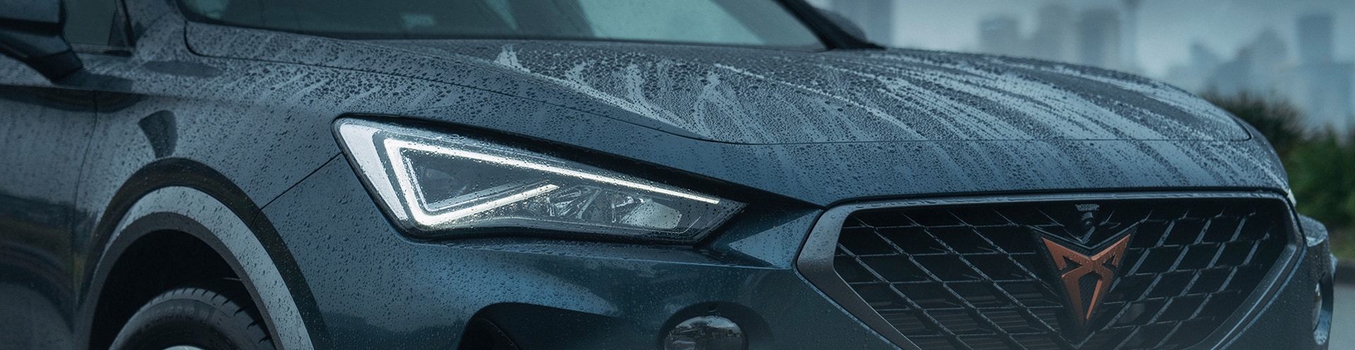 Close up of Cupra SUV bonnet with raindrops