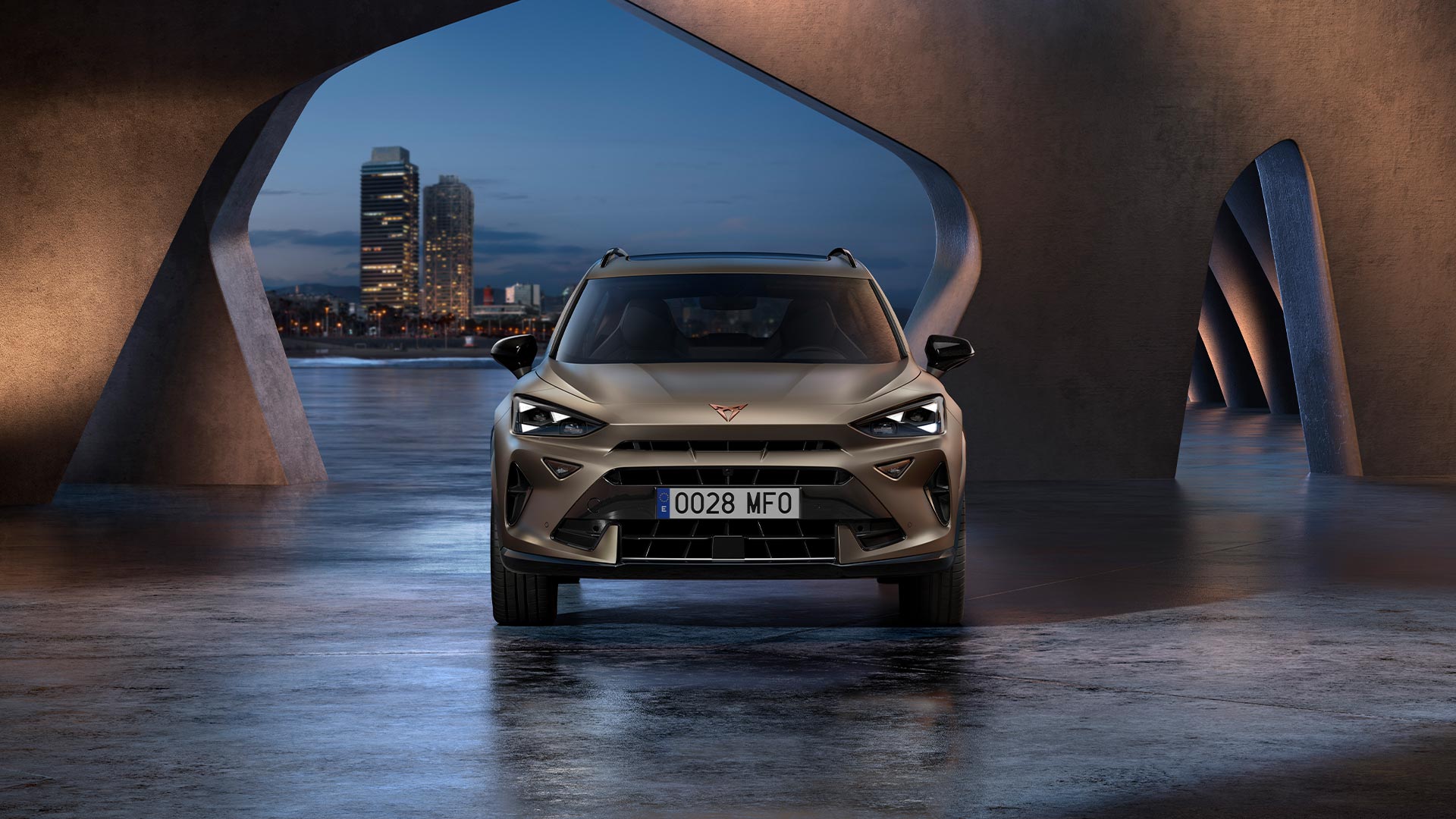 Bird’s eye view of the century bronze matt CUPRA Formentor parked on smooth cement.