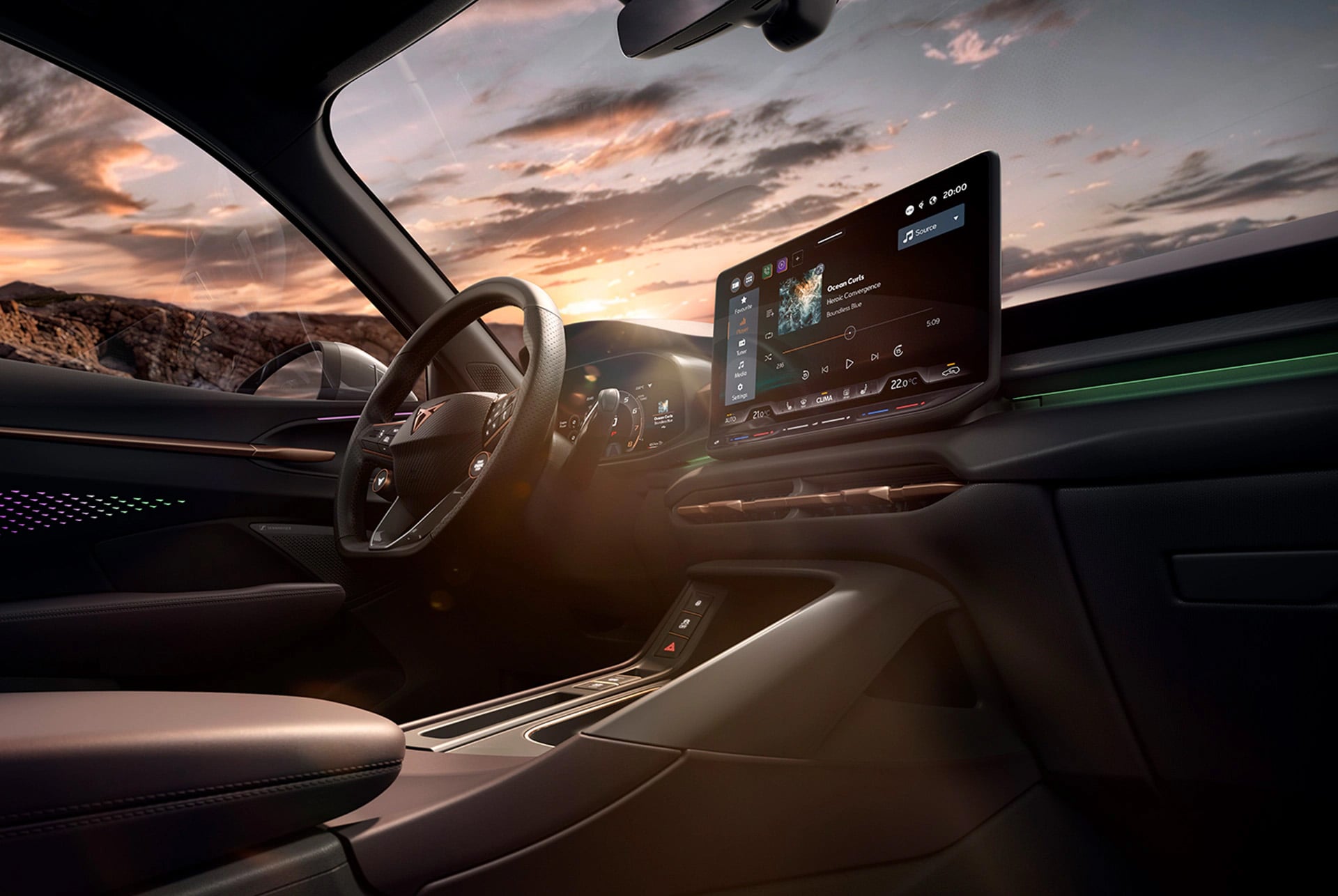 cupra terramar hybrid suv, new 2024 model, side view, featuring 20-inch america’s cup alloy wheels and akebono brakes, enceladus grey matt, on a wet pavement by the sea at sunset. 