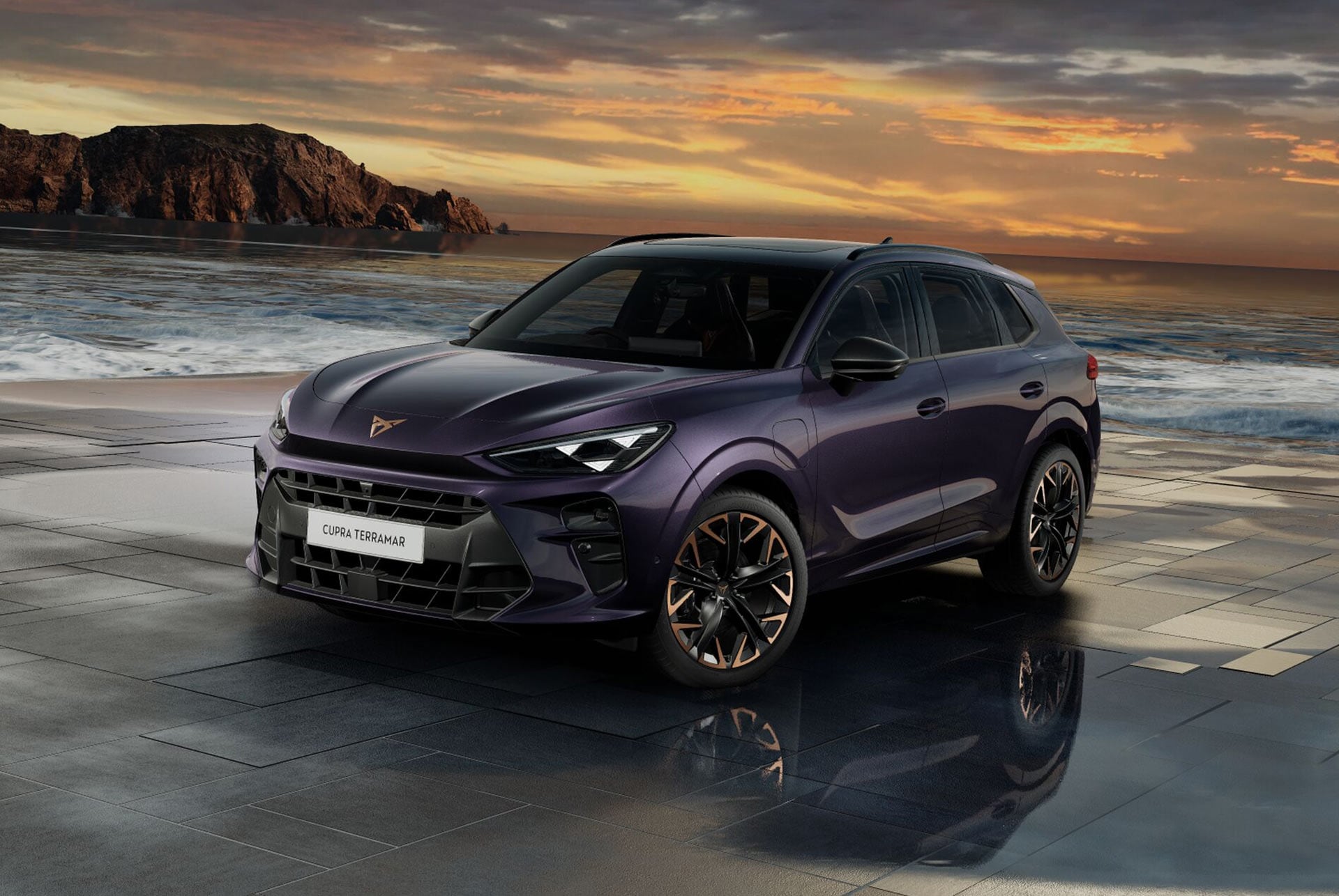 cupra terramar hybrid suv, new 2024 model, side view, featuring 20-inch america’s cup alloy wheels and akebono brakes, enceladus grey matt, on a wet pavement by the sea at sunset. 