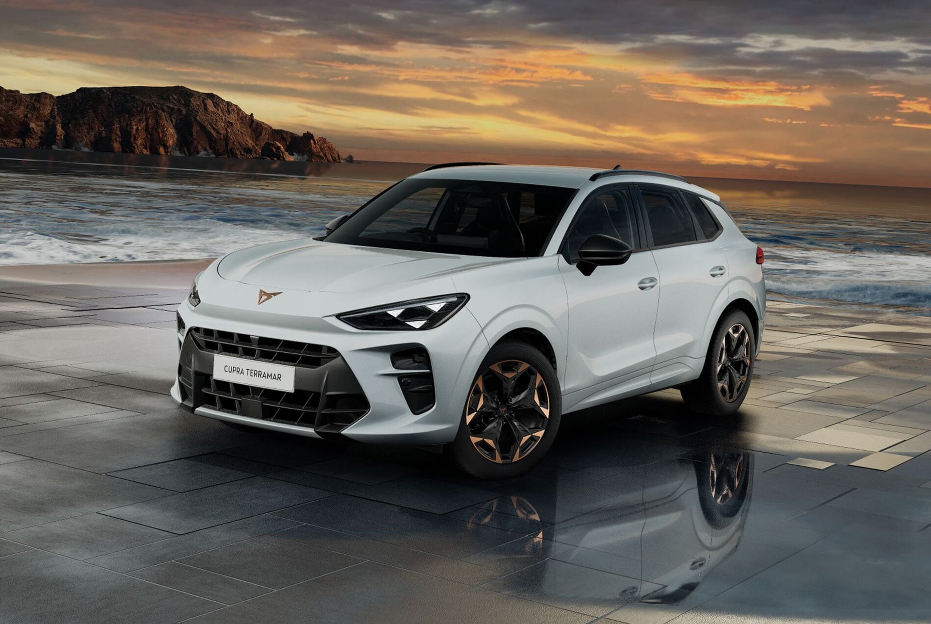 cupra terramar hybrid suv, new 2024 model, side view, featuring 20-inch america’s cup alloy wheels and akebono brakes, enceladus grey matt, on a wet pavement by the sea at sunset. 
