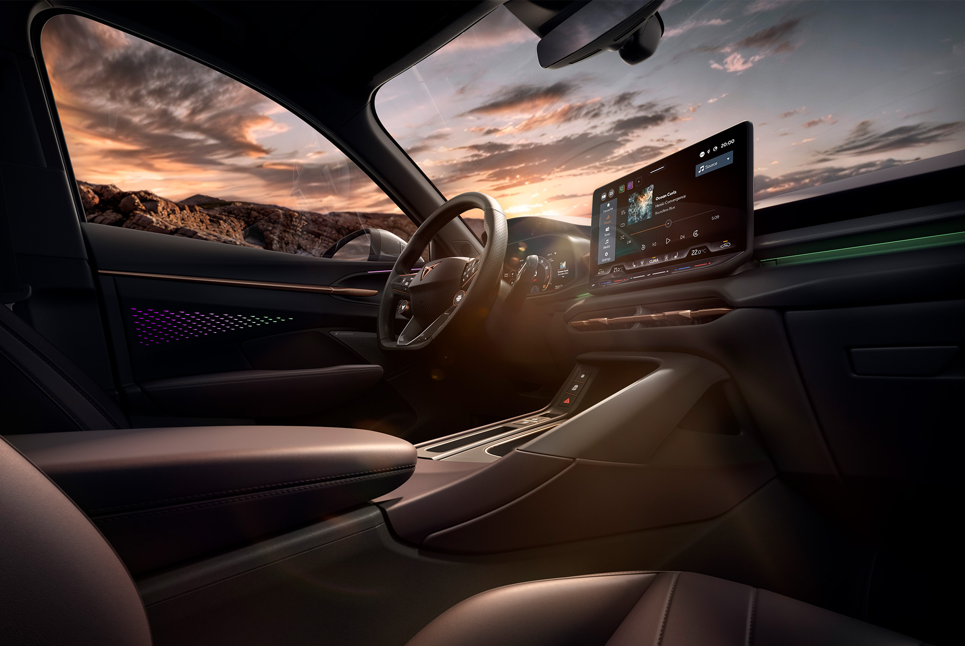 interior design of the new cupra terramar 2025 showcasing the advanced dashboard view and the steering wheel.