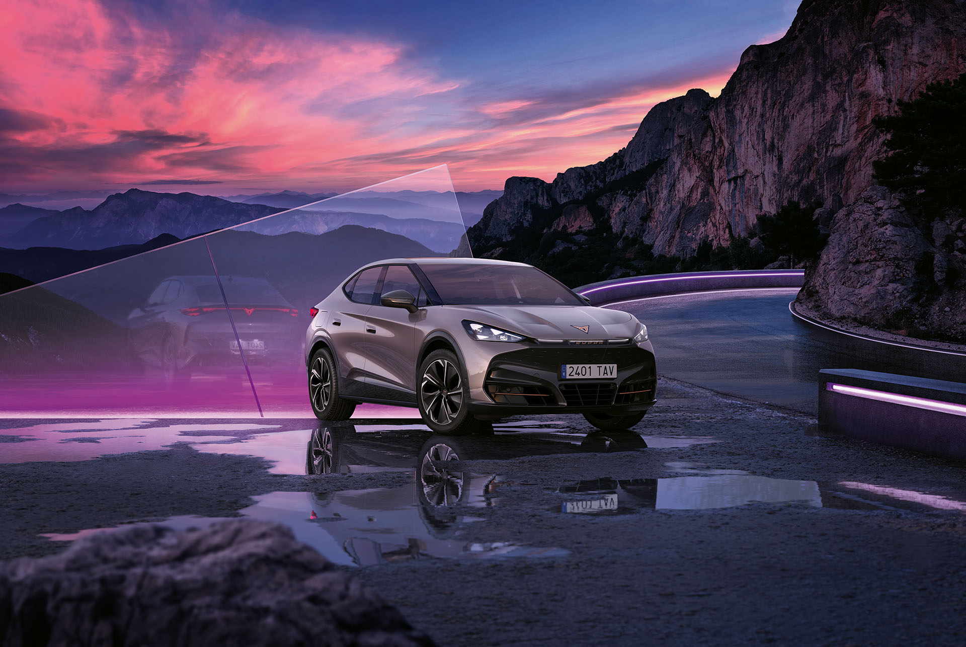 CUPRA car range in sunset.
